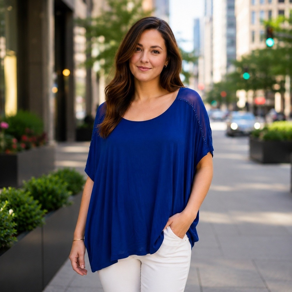 Cable & Gauge Women's Blue Mesh Shoulder Blouse Size 3X Short Dolman Sleeve NEW